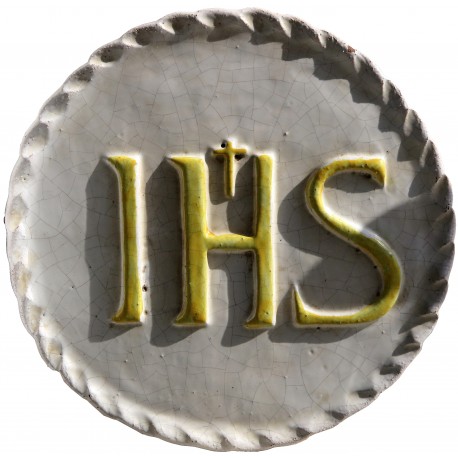 Bassorilievo in terracotta maiolicata IHS