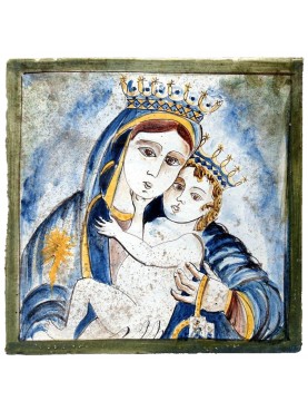 Pannello votivo Madonna col bambino in maiolica