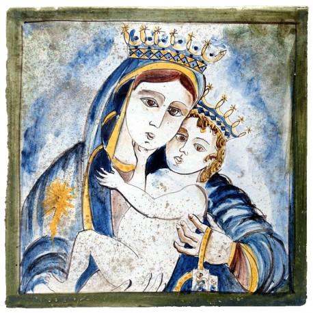 Devotional panel - Madonna with child in majolica