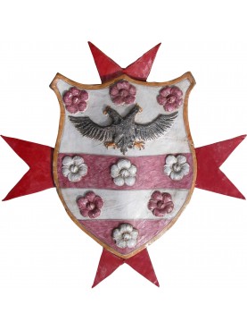 Stemma nobiliare in maiolica con croce di Malta ed aquila bicipite