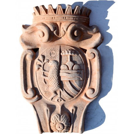 Terracotta coat of arms with IHS and Peace Lamb and Della Gherardesca tree