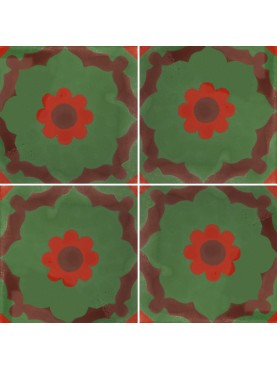 Cement tiles Green Background Red Brown Flower