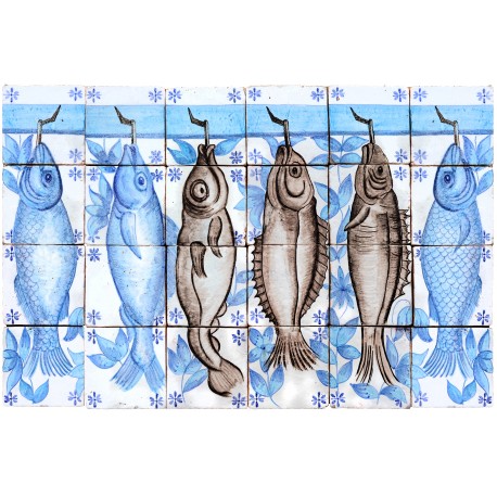 Portuguese six fishes majolica panel - 24 tiles