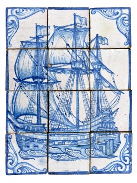 Pannello portoghese di 12 piastrelle maiolicate nave