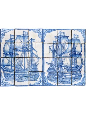 Pannello portoghese di 24 piastrelle maiolicate - coppia di navi dx e sx