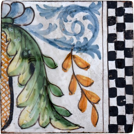 Ancient italian Majolica glazed tile - achantus leaves