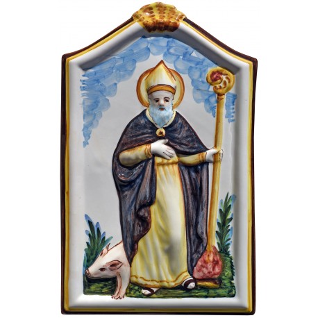 Sant 'Antonio Abate with animals and bell - majolica plate