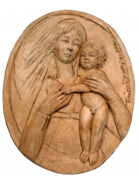 Madonna col Bambino in terracotta formata a mano ovale