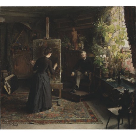 Quadro di Jeanna Bauck "L'artista danese Bertha Wegmann dipinge un ritratto", tardo 1870 