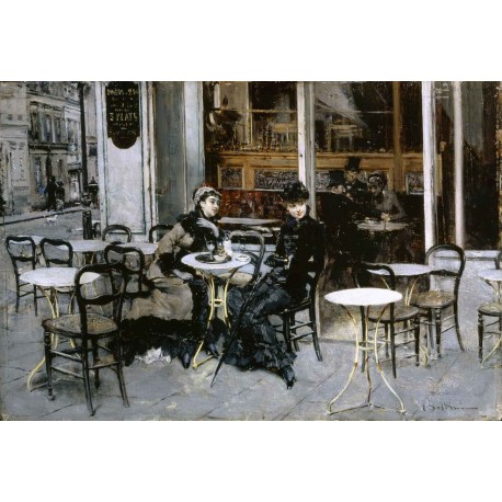 Quadro di Giovanni Boldini (Ferrara 1842 - Parigi 1931) "Conversazione al Caffè" del 1879 olio su tavola, 28x41cm.