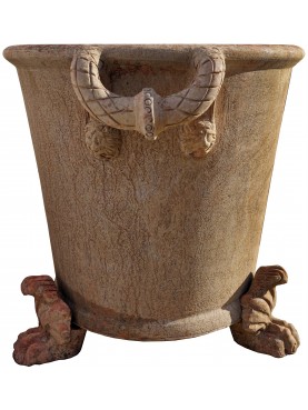 Vaso patinato, conico impero in terracotta, con grandi maniglie e piedini