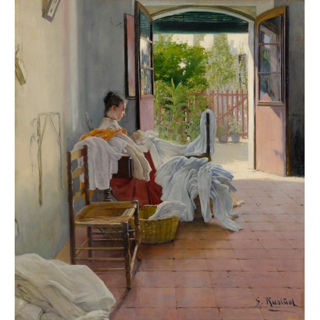 Rusinol Santiago (1861 - 1931), Interior with Woman Sewing, private collection, oil on canvas