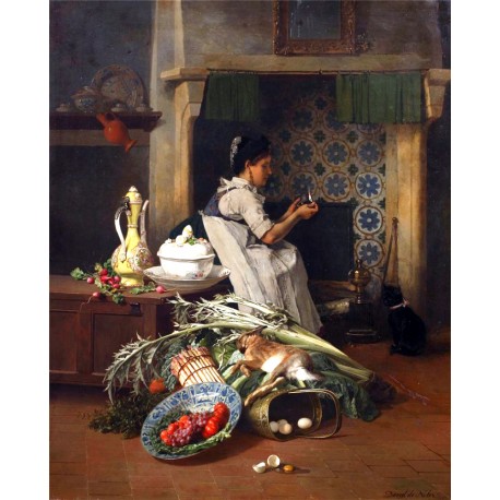 Emile Joseph de Noter (pittore belga 1825, 1892), cameriera di cucina con selvaggina e verdure, collezione privata
