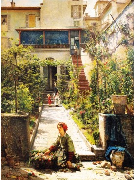 Filippo Carcano, Cortile a giardino con figure, effetto di sole, noto anche come La piccola fioraia, 1862.