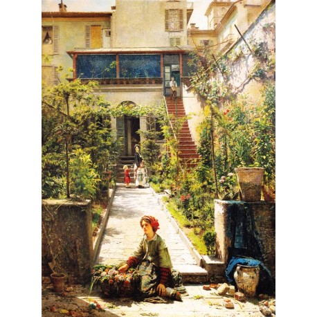 Filippo Carcano, Garden courtyard with figures, sun effect, also known as La piccola fioraia, 1862.