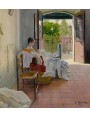 Rusinol Santiago (1861-1931), Interno con donna che cuce, collezione privata, olio su tela.