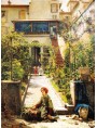 Filippo Carcano, Cortile a giardino con figure, effetto di sole, noto anche come La piccola fioraia, 1862.