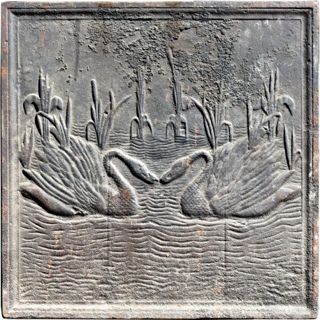 Original ancient fireback, two swans in the swamp