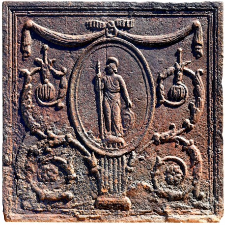 ancient neoclassical fireback with Athena (Minerva italica)
