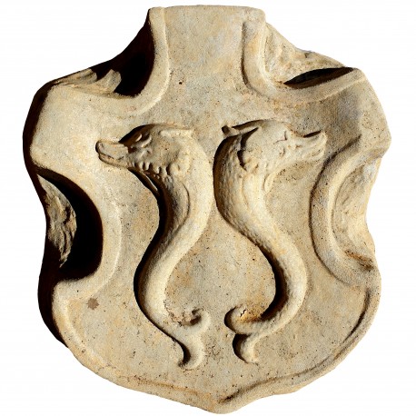 Copia di stemma nobiliare della famiglia de Pazzi,con delfini, in Terracotta