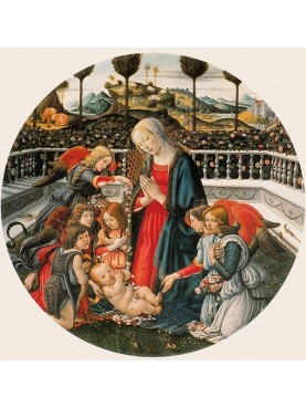  Botticini Francesco, Madonna in adorazione del Bambino con san Giovannino e angeli, 1475 - 1498.