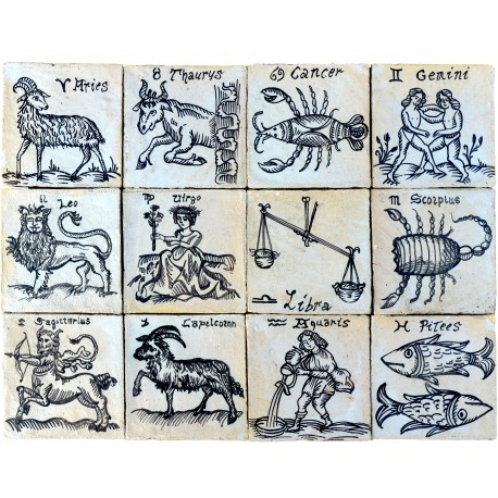 Segni zodiacali antichi pannello di maiolica 60 X 45 cm bianco e manganese