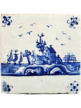 Original old Dutch majolica Delft tile