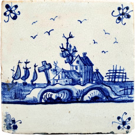 Original old Dutch majolica Delft tile