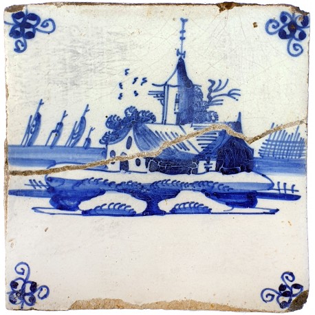 Ancient majolica Delft tile with Dutch mill