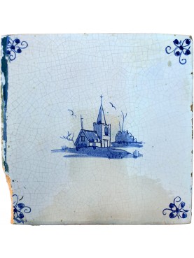 Ancient majolica Delft tile with Dutch mill