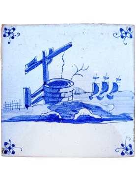 Ancient majolica Delft tile the well