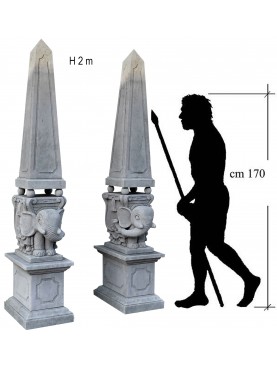 Pair of elephants on rectangular capitals with obelisks H 200 cm