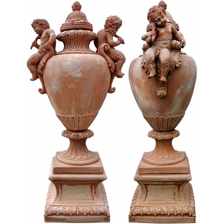 Huge baroque vases with cherubs and base