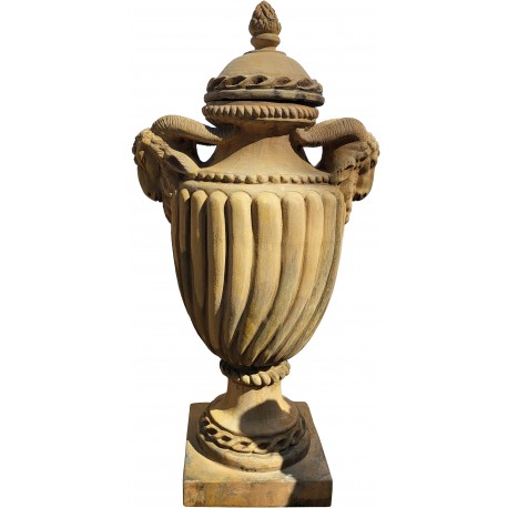 Tuscan poded vase with GOAT HEADS - terracotta Impruneta Florence with our patina