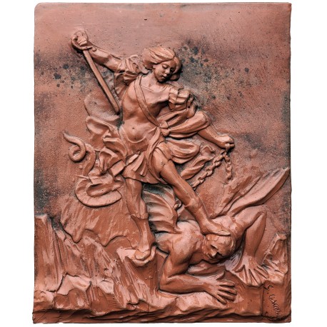 Archangel Michael crushes Satan - terracotta bas-relief