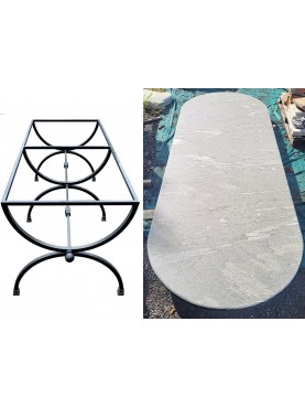 Large table in Cardoso stone with round heads and iron base with 3 legs