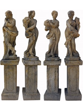 4 statue da giardino in pietra ricostituita con le loro basi