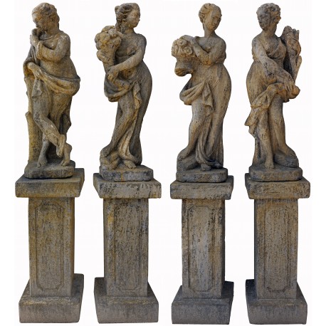 4 statue da giardino in pietra ricostituita con le loro basi