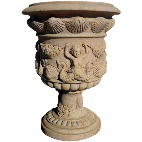 Terracotta vase with shells and two-tailed mermaids