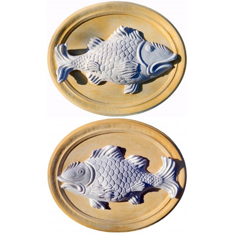 Terracotta ovals with opposing fish