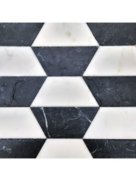 Optical floor in antiqued black and white isosceles trapeze marble