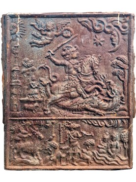 ANCIENT SWEDISH cast iron fireback - St. George and the dragon