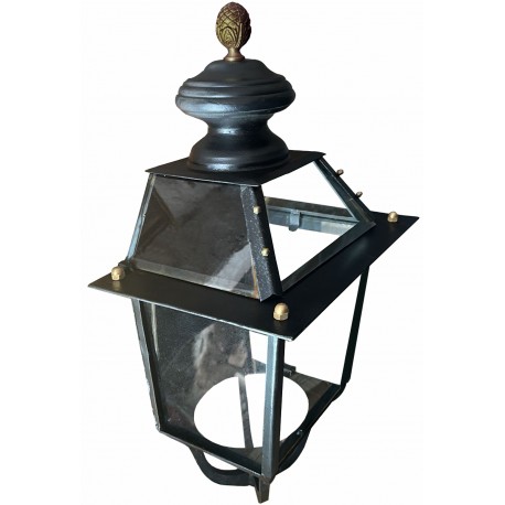 three-quarter Tuscan iron lantern with pine cone and lower support