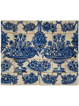 Portuguese panel majolica azulejos flower vases, triumphs and festoons