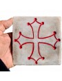 Antique tile in white Carrara marble with engraved OCCITAN cross