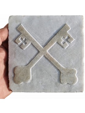 Antique tile in white Carrara marble with THE KEYS OF HEAVEN