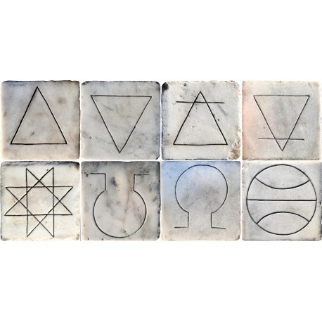 Panel with the eight basic alchemical symbols on ancient tiles