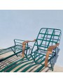 Unusual folding wrought iron pool lounger with wooden armrests