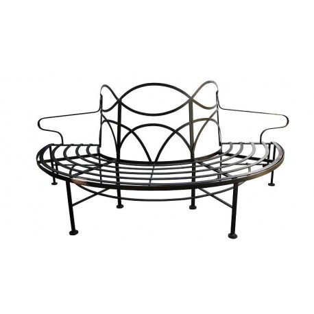 Semicircular iron bench with high espalier tree